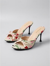 baratos Sandálias de salto-Women's Vibrant Yellow Floral Heeled Mules - Elegant High Stiletto Sandals with Bow Detail for Summer Vacations, Tropical Evening Parties &amp; Tropical Getaway Dinners