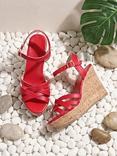 cheap Wedge Sandals-Women's Vibrant Red Wedge Sandals - Retro Cross-Strap Platform Shoes with Cork Texture Sole &amp; Adjustable Buckle for Outdoor Vacations, Tropical Cruises &amp; Summer Parties