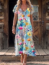 baratos Vestidos Florais-Mulheres Vestido midi Vestido de turno Casual Normal Floral Geométrica Manga Curta Decote V Azul Laranja Verão Primavera