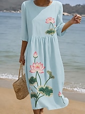 cheap Floral Dress-Women's Maxi Dress Shift Dress Sundress Vacation Casual Beach Going out Loose Fit Floral Graphic 3/4 Length Sleeve Crewneck Blue White Summer Spring Fall