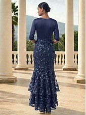 baratos Vestidos de Noche Sirena-Mermaid Trumpet Ankle Length Evening Gown Formal Dress Elegant Glittering Floral 3/4 Length Sleeve V Neck Wedding Formal Lace Stretch Satin Cowl Back with Embroidered Flower Pleats Embroidery