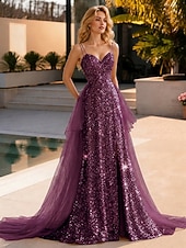 cheap Long Dresses &amp; Gowns-A-Line Floor Length Prom Dresses Sparkle &amp; Shine Princess Sleeveless Sweetheart Wedding Guest Sweet 16 Tulle Sequined with Sequin