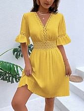 cheap Plain Dress-Women's Knee Length Dress Sundress Casual Dress Vacation Casual Boho Beach Party Date Regular Fit Plain Short Sleeve V Neck Blue White Yellow Red Summer Spring