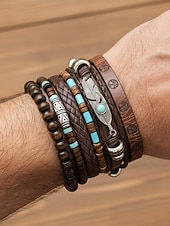 preiswerte Herrenschmuck-6-teiliges Boho-Armbandset für Herren aus Leder – Vintage-Holzperlen &amp;Armbänder mit Federanhänger aus Silberlegierung, stapelbar, für sommerlichen Strandurlaub und lässige Alltagskleidung