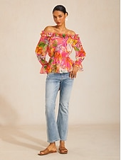 cheap Shirts,Tops &amp; Blouses-Wild Hibiscus Dream Flowy Chiffon Top