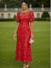 cheap Cocktail Dresses-Sheath Column Ankle Length Lace Dress Cocktail Dresses Elegant Vintage Floral Short Sleeve One Shoulder Garden Party Wedding Satin Tulle with 3D Flowers Bow(s)