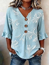  Per donna Camicia Camicia Boho Camicia casual Floreale Grafico Elegante Bohemien Attivo Manica 3/4 Scollo a V Top lunghi Casuale Stampa bianca Verde salvia Verde scuro Azzurro Estate Primavera