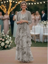 cheap Mom's Dress Sets-Two Piece A-Line Floor Length Wedding Guest Dress Mother of the Bride Dress Sleeveless 3/4 Length Sleeve Scoop Neck Elegant Simple Minimalist Formal Semi Formal Chiffon Jacquard with Floral Print