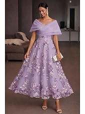 abordables Vestidos de cóctel-Corte A Vestido Midi Vestidos de coctel Elegante Vintage Floral Manga Corta Hombros Caídos Fiesta de jardin Boda Organdí Tul Espalda desnuda con Estampado flor Flor bordada Plisado