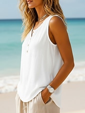  Women's  Vintage Cotton Linen Vest Texture Buttons Solid Color Sleeveless Crew Neck Regular Tops White Green Light Blue Summer Spring