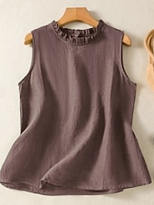  Mujer Camisa Textura Volante Color sólido Plano Vintage Sin Mangas Cuello Barco Tops regulares Casual Café marrón Negro Amarillo Verde Trébol Gris Oscuro Verano Primavera