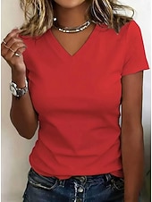economico T-shirt semplice-T-shirt da donna 100% cotone - maglietta a maniche corte con scollo a V, comoda e di qualità.