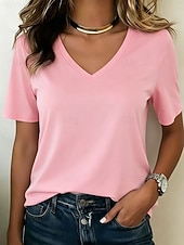 billige Plain t-skjorte-Dame T skjorte T-skjorter T-skjorte Grafisk عادي Stilfull Klassisk Kortermet V-hals Vanlige topper Avslappet Strand Høst Blå Svart Rosa Militærgrønn Navyblå Sommer Vår