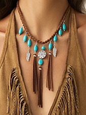 cheap Women's Necklace-Women's Bohemian Alloy Turquoise Tassel Necklace, Statement Fringe Pendant Jewelry for Music Festival, Beach Vacation, Daily Casual Wear