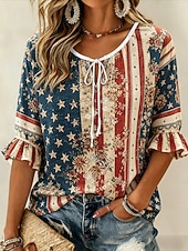  American Independence Day Women's Blouse Buttons Print Graphic American Flag Vintage Daily Stylish Half Sleeve Crew Neck Regular Tops Casual Daily Blue Red Summer Spring
