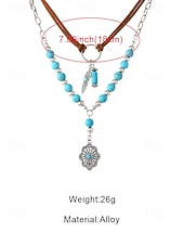 economico Collana da donna-collana da donna bohémien a strati con perline turchesi, catena d'argento e piuma &amp;Ciondolo a forma di fiore, cinturino in finta pelle scamosciata, casual e da vacanza