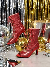 baratos Sapatos de Dança Latina-Botas de dança latina femininas vermelhas com glitter – sapatos de salto alto com cadarço e bico aberto para salsa e dança de salão. &amp;dança de tango