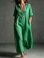 cheap Dresses-Women's Maxi long Dress Linen Dresses Elegant Vacation Loose Fit Plain Short Sleeve Shirt Collar Summer