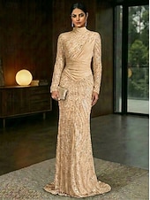 preiswerte Schlauch-Abendkleider-Schlauchkleid Bodenlang Abendkleid Festliche Kleidung Elegant Glitzernd Glitzern Langarm Hoher Ausschnitt Hochzeit Formell Spitze Stretch Satin mit Falten Perlenbestickt
