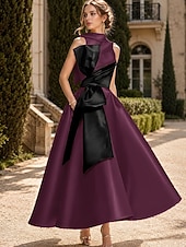 baratos Vestidos de Cocktail-Linha A Longuette Vestidos de cocktail Vestidos de festa Elegante Sedoso Sem Manga Gola Redonda Casamento Formal Bolsos Cetim com Laço(s) Miçangas