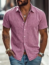 cheap Men's Smart Casual Shirts-Men Shirt Casual Shirt Button Up Shirt 100% Cotton Acid Wash Shirt Acid Wash Shirt Blue Black Pink Navy Blue Purple Short Sleeve Plain Shirt Collar Casual Daily Clothing Apparel Elegant Fashion Casual