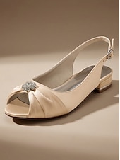cheap Bride-Women's Low Heel Satin Slingback Wedding Shoes, Peep Toe Bridal Flats with Crystal Embellishment for Bride, Bridesmaid &amp; Wedding Guest