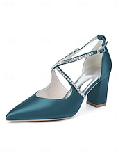 preiswerte Pumps mit Blockabsatz-Smaragdgrüne Satin-Pumps mit Blockabsatz – elegante Schuhe mit Strassriemen für Cocktailpartys und Abendveranstaltungen