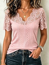  Mulheres Topo de ilhó Camiseta Pointelle Tops de renda Renda Patchwork Tecido Elegante Moderno Manga Curta Decote V Tops regulares Casual Diário Preto Raiz de Lótus Rosa Branco Rosa Verde Verão