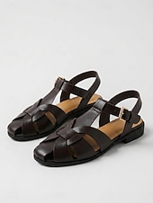 cheap Gladiator Sandals-Women's Brown Woven Closed-Toe Gladiator Sandals - Fisherman Sandals with Adjustable Buckle, Casual Summer Flat Sandals for Everyday Wear and Vacation