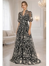 abordables Largo del piso-Corte A Hasta el Suelo Vestido de Madrina Manga Corta Escote en Pico Elegante Vintage Lujoso Formal Invitado a la boda Fiesta de Boda Encaje Tul con Flores 3D Bordados Flor