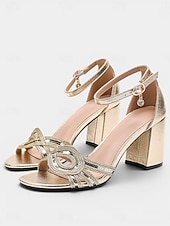 baratos Sandálias de salto-Women's Metallic Champagne Gold Braided Block Heel Sandals with Rhinestone Charm - Shimmering Footwear for Cocktail Parties