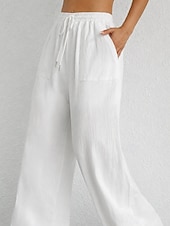 preiswerte weites Bein und hohe Taille-Damen Schlaghose Elegant Mode Volle Länge Hohe Taille Einfarbig Kordelzug Komfort Unelastisch Lässig Urlaub Schwarz Weiß Himmelblau Kamel Sommer Frühling Lässiger Schnitt