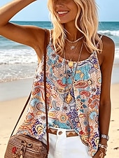 preiswerte Grafiktank-Damen Hemd Bluse Druck Grafik Geometrisch Paisley-Muster Bohemien Vintage Tropisch Ärmellos Träger Normale Oberteile Lässig Täglich Khaki Rote Dunkelgrün Purpur Braun Sommer Frühling