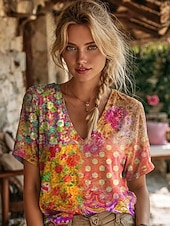 cheap Boho tee-Women's T Shirt Print Floral Graphic Tribal Stylish Classic Casual Short Sleeve V Neck Regular Tops Casual Daily White Orange Summer Spring
