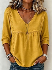  Dames Overhemd Effen Kleur Effen Bohemen Vakantie Vintage V-hals Lange tops Casual blauw Zwart Wit Geel Blozend Roze Zomer Lente