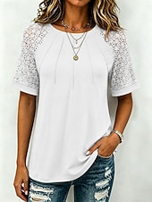 cheap Plain tee-Women's T Shirt Tee Top Lace Plain Elegant Stylish Short Sleeve Raglan Sleeves Round Neck Long Tops Casual Daily Black White Wine Sky Blue Summer Spring