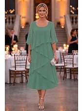 economico Lunghezza del tè-abito a tubino a colonna lunghezza tè abito da festa abito da cocktail abito da invitata a nozze abito da madre della sposa mezza manica scollo a U elegante formale chiffon con volant