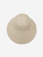 baratos Chapéus Femininos-Chapéu de sol feminino boho de palha - chapéu de praia de verão com aba larga e decoração de flor 3D, fedora respirável em poliéster trançado para férias e uso casual diário. &amp;Proteção solar, várias