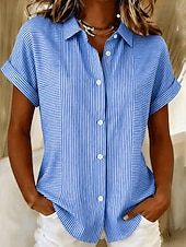 cheap Stripe&amp;Geometric Blouses-Women's Shirt Buttons Print Graphic Striped Vintage Daily Stylish Short Sleeve Shirt Collar Long Tops Casual Daily Blue Pink Grey Summer Spring