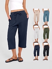 abordables jambe large et taille haute-Femmes Coton Pantalon capri Pantalons à jambes droites Mode Streetwear Occasionnel Longueur mollet Taille haute Uni Avec Poches Ceinture Élastique Confortable Doux Élastique Extérieur Vacances Rue