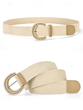 cheap Women's Belt-Women's Boho Straw Woven Belt, Wide Raffia Waist Belt with Beaded Buckle, Casual Cinch Belt for Summer Beach Vacation &amp; Daily Wear, Khaki/Beige