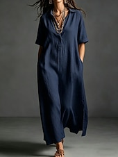 cheap Dresses-Women's Maxi long Dress Linen Dresses Elegant Vacation Loose Fit Plain Short Sleeve Shirt Collar Summer