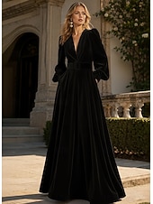 economico Abiti da Sera a Linea A-Abito da sera A-Line rosso nero blu in velluto elegante formale per matrimonio autunnale lungo fino al pavimento con maniche lunghe scollo a V tasca con spacco tasca