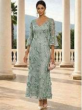 abordables Knöchellänge-Sheath Column Ankle Length Lace Dress Mother of the Bride Dress Long Sleeve V Neck Elegant Vintage Formal Wedding Guest Wedding Party Satin Lace with 3D Flowers Sequin Embroidery