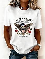  アメリカ独立記念日 感謝祭 女性用 Tシャツ プリント グラフィック アメリカの国旗 ヴィンテージ ファッション カジュアル 半袖 クルーネック ラウンドネック ロングトップス カジュアル 日常 週末 ホワイト 夏 春