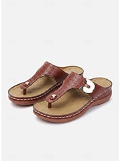abordables Sandalias deslizantes-Sandalias tipo chanclas de piel sintética marrón para mujer con diseño perforado y detalles metálicos para uso informal y salidas de verano