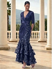 baratos Vestidos de Noche Sirena-Mermaid Trumpet Ankle Length Evening Gown Formal Dress Elegant Glittering Floral 3/4 Length Sleeve V Neck Wedding Formal Lace Stretch Satin Cowl Back with Embroidered Flower Pleats Embroidery