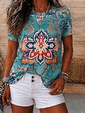 preiswerte Boho-T-Shirt-Damen T Shirt Druck Blumen Grafik Geometrisch Vintage Stilvoll Lässig Kurzarm Rundhalsausschnitt V Ausschnitt Rundhals Normale Oberteile Lässig Täglich Wochenende Braun Grün Sommer Frühling Herbst