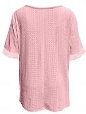 billiga Enkel t-shirt-Women's T Shirt Lace Solid Color Vintage Stylish Casual Short Sleeve V Neck Regular Tops Casual Daily Blue White Pink Purple Summer Spring