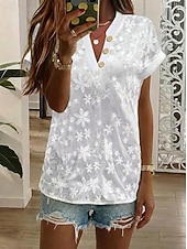  Femmes Chemisier Hauts en dentelle Dentelle Broderie Fleuri Élégant Moderne Manche Courte Col en V Hauts Réguliers Quotidien Plage Fête Bleu Kaki Noir Blanche Été Printemps